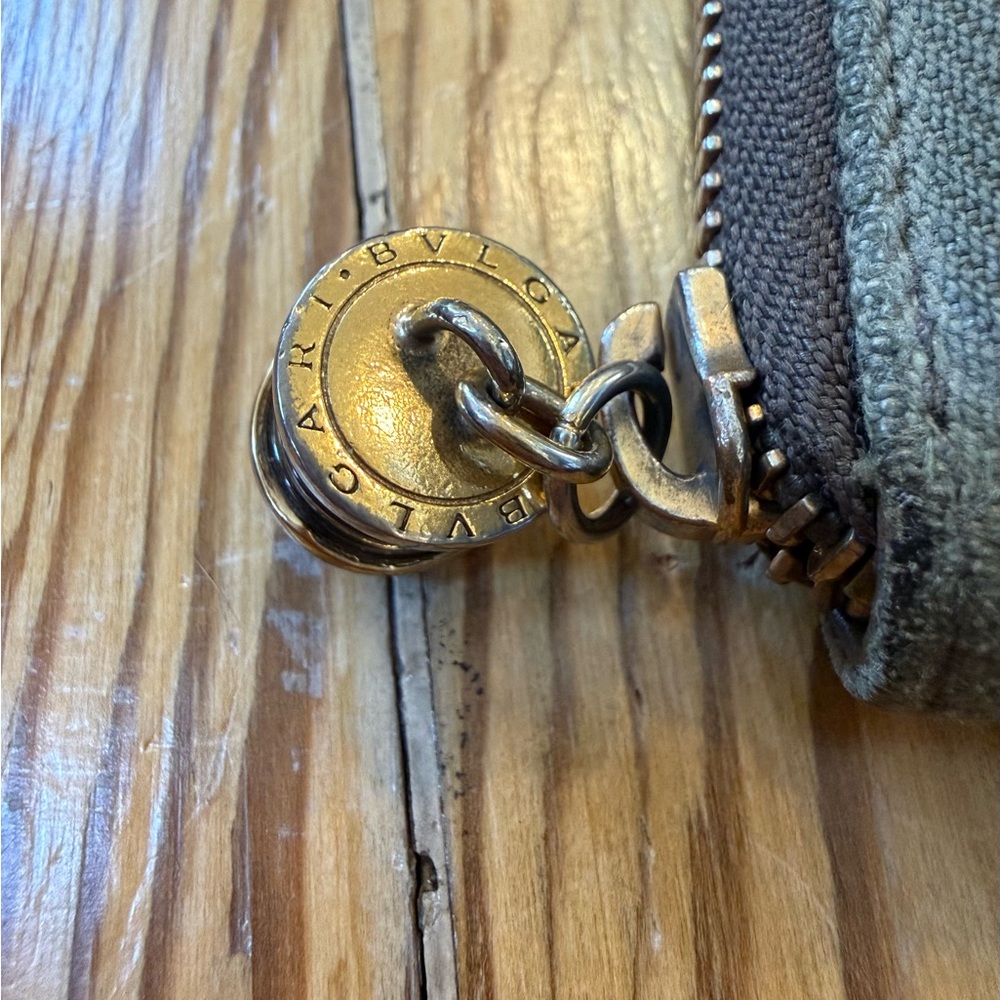 Bulgari Sage Green Leather Canvas Wallet with Zipper Charm - Picture 7 of 12